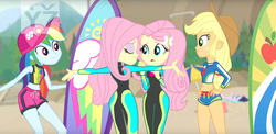 Size: 1828x894 | Tagged: safe, edit, edited screencap, screencap, applejack, fluttershy, rainbow dash, aww... baby turtles, blue crushed, equestria girls, equestria girls series, g4, adorasexy, clothes, cute, duality, flutterbutt, geode of super speed, geode of super strength, magical geodes, self paradox, sexy, swimsuit, t pose, wetsuit