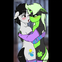 Size: 640x640 | Tagged: safe, artist:jcosneverexisted, oc, oc only, oc:creative flair, oc:serenity (shifty), anthro, animated, ass, blushing, breath, breathing, butt, clothes, cold, doodle, embarrassed, femboy, gay, hug, male, no sound, nudity, open mouth, patreon, socks, stallion, striped socks, text, webm