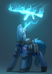 Size: 2480x3508 | Tagged: safe, artist:underpable, oc, oc only, oc:flint, pony, unicorn, ak-47, assault rifle, clothes, commission, gun, high res, magic, rifle, solo, weapon