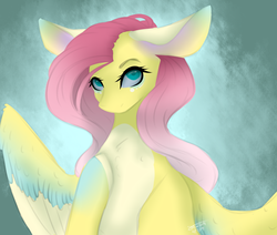 Size: 3000x2545 | Tagged: safe, artist:amcirken, fluttershy, pegasus, pony, g4, abstract background, big ears, bust, colored hooves, colored wings, female, high res, hoof on chest, looking at you, mare, pale belly, portrait, solo, spread wings, stray strand, three quarter view, wings