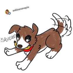 Size: 800x800 | Tagged: safe, artist:askwinonadog, winona, dog, ask winona, tumblr:askbananapie, g4, ask, banana, chewing, dog toy, eating, female, food, simple background, solo, squeak, squeaky toy, tail wag, tumblr, white background