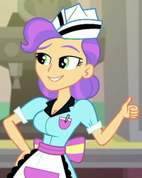 Size: 662x829 | Tagged: safe, edit, edited screencap, editor:mlp-gft, screencap, tip top, coinky-dink world, equestria girls, g4, my little pony equestria girls: summertime shorts, apron, background human, big breasts, breast edit, breasts, busty tip top, cleavage, clothes, cropped, female, hand on hip, hat, smiling, solo, thumbs up, waitress