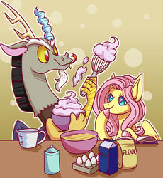 Size: 1280x1392 | Tagged: safe, artist:jagga-chan, discord, fluttershy, draconequus, pegasus, pony, g4, abstract background, book, bust, colored hooves, cooking, cream, dough, egg, egg beater, female, flour, licking, looking at something, male, mare, measuring cup, milk, ship:discoshy, shipping, smiling, straight, tongue out