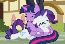 Size: 1290x890 | Tagged: safe, screencap, rarity, twilight sparkle, alicorn, pony, g4, the beginning of the end, comforting, duo, eyes closed, hug, ponyville, sad, twilight sparkle (alicorn)