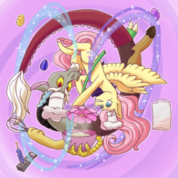 Size: 3600x3600 | Tagged: safe, artist:jagga-chan, discord, fluttershy, draconequus, pegasus, pony, g4, bowl, cheese grater, chef's hat, colored hooves, cooking, curled up, egg, egg beater, female, flour, flower, hat, high res, looking at something, male, mare, ship:discoshy, shipping, smiling, spread wings, straight, upside down, water, wings
