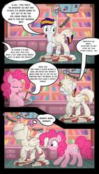 Size: 728x1280 | Tagged: safe, artist:icaron, pinkie pie, oc, oc:sylvan, earth pony, food pony, original species, pegasus, pony, g4, bondage, candy, candy cane, caramel (food), comic, cute, dialogue, encasement, fetish, food, food transformation, inanimate tf, magic, messy, objectification, person as food, petrification, ponified, show accurate, statue, stuck, transformation, transformation sequence