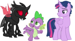 Size: 1544x849 | Tagged: safe, artist:kayman13, spike, thorax, twilight sparkle, alicorn, changeling, dragon, pony, g4, the times they are a changeling, barb, dragoness, dusk shine, female, male, mesosoma, red eyes, rule 63, simple background, stallion, transparent background, trio, twilight sparkle (alicorn), vector