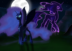 Size: 3508x2480 | Tagged: safe, artist:settop, nightmare moon, tantabus, alicorn, pony, g4, female, glowing eyes, high res, looking at you, moon, night
