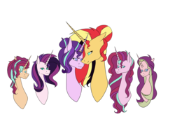 Size: 7937x5385 | Tagged: safe, artist:icicle-niceicle-1517, artist:moonlight0shadow0, color edit, edit, starlight glimmer, sunset shimmer, oc, oc:dawn light (ice1517), oc:dusk fire (ice1517), oc:evening glitter, oc:shadow shine, pony, unicorn, icey-verse, g4, alternate hairstyle, brother and sister, bust, collaboration, colored, family, female, glasses, horn, horn ring, lesbian, looking at each other, magical lesbian spawn, male, mare, mother and daughter, mother and son, next generation, offspring, parent:starlight glimmer, parent:sunset shimmer, parents:shimmerglimmer, ring, ship:shimmerglimmer, shipping, siblings, simple background, sisters, stallion, transparent background, twins, wedding ring