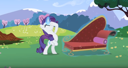 Size: 1426x760 | Tagged: safe, screencap, rarity, pony, g4, lesson zero, bipedal, couch, eyes closed, facehoof, fainting couch, female, magic, mare, solo, telekinesis