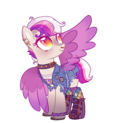 Size: 2445x2620 | Tagged: safe, artist:mint-light, artist:zen-pie, oc, oc only, oc:purple strings, angel, angel pony, original species, pegasus, pony, badge, base used, bedroom eyes, bone, boots, clothes, collar, denim, ear piercing, earring, eyeshadow, female, high res, jewelry, makeup, mare, nose piercing, nose ring, piercing, pin, punk, rainbow socks, shaved head, shoes, shorts, simple background, skull, skull and crossbones, skull eyes, socks, solo, spiked collar, striped socks, tank top, torn clothes, transparent background, vest, wingding eyes, wristband