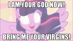Size: 874x491 | Tagged: safe, edit, edited screencap, screencap, twilight sparkle, alicorn, pony, g4, the beginning of the end, caption, female, i am your god now bring me your virgins, image macro, solo, text, twilight sparkle (alicorn)