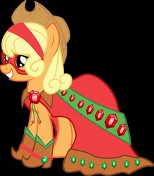 Size: 837x954 | Tagged: safe, artist:asdflove, applejack, earth pony, pony, g4, alternate hairstyle, applejack's hat, black background, boots, clothes, cowboy hat, diamond, dress, female, gem, hat, jewelry, mare, mask, shoes, simple background, smiling, solo