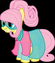 Size: 839x952 | Tagged: safe, artist:asdflove, fluttershy, pegasus, pony, g4, alternate hairstyle, black background, clothes, dress, female, mare, mask, simple background, smiling, solo