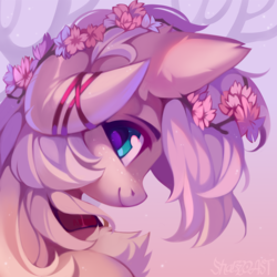 Size: 800x800 | Tagged: safe, artist:share dast, oc, oc only, oc:champagne supernova, pony, chest fluff, cute, female, flower, flower in hair, fluffy, freckles, looking at you, mare, ocbetes, profile, ribbon, smiling, solo