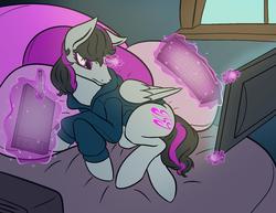 Size: 1584x1224 | Tagged: safe, artist:jsyrin, oc, oc only, alicorn, pony, alicorn oc, bed, clothes, cutie mark, drawing tablet, female, hoodie, horn, keyboard, lying down, magic, monitor, pen, ponysona, solo, two toned mane, window, wings