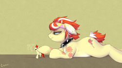 Size: 2038x1134 | Tagged: safe, artist:cokesleeve, oc, oc:red ink, oc:yamato, earth pony, pony, collar, exclamation point, headband, interrobang, micro, poking, question mark, spiked collar