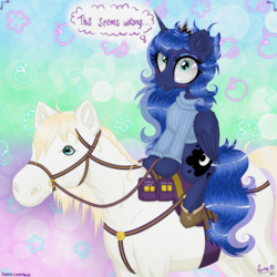 Size: 3500x3500 | Tagged: safe, artist:darkest-lunar-flower, princess luna, alicorn, horse, pony, g4, abstract background, belly button, blushing, bridle, clothes, female, furry confusion, high res, hoof boots, mare, ponies riding horses, pouch, reins, riding, saddle, shoes, sweater, tack, thought bubble
