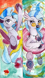 Size: 1024x1766 | Tagged: safe, artist:lailyren, silverstream, classical hippogriff, hippogriff, seapony (g4), g4, bookmark, female, glasses, inner tube, looking at you, solo, tongue out, traditional art, underhoof, water, watercolor painting