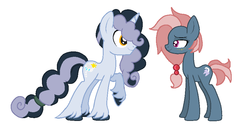 Size: 888x460 | Tagged: safe, artist:kalsagnia, oc, oc only, earth pony, pony, unicorn, breedable, duo, female, lidded eyes, long tail, looking at each other, mare, raised hoof, short tail, simple background, unshorn fetlocks, white background