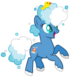 Size: 882x948 | Tagged: safe, artist:kalsagnia, oc, oc only, oc:bubble bath, pony, base used, female, mare, open mouth, prancing, rubber duck, solo, water mane