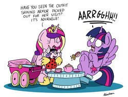 Size: 6473x4930 | Tagged: safe, artist:bobthedalek, princess cadance, princess flurry heart, twilight sparkle, alicorn, ladybug, pony, starlight the hypnotist, spoiler:interseason shorts, animal costume, aunt and niece, clothes, coccinellidaephobia, costume, cup, cute, eyes closed, falling, female, flurrybetes, foal, food, frown, happy, holding a pony, hooves up, implied shining armor, mare, mother and daughter, open mouth, phobia, pram, scared, screaming, shining armor is a goddamn genius, shining armor is a goddamn moron, shocked, simple background, sitting, spread wings, stool, stroller, table, tea, teacup, teapot, twilight hates ladybugs, twilight sparkle (alicorn), underhoof, white background, wide eyes, wings