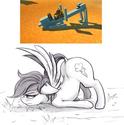 Size: 1928x1932 | Tagged: safe, artist:alcor, rainbow dash, pegasus, pony, backbend, blushing, butt, dock, face down ass up, female, floppy ears, grass, grayscale, human shoulders, iwtcird, lidded eyes, mare, meme, monochrome, plot, presenting, rainbutt dash, raised tail, reference, scrap mechanic, simple background, sketch, solo focus, spread wings, tail, white background, wings