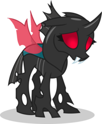Size: 845x1024 | Tagged: safe, artist:kayman13, thorax, changeling, g4, the times they are a changeling, female, floppy ears, mesosoma, red eyes, rule 63, sad, simple background, transparent background