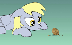 Size: 960x600 | Tagged: safe, artist:vexpon, derpy hooves, pegasus, pony, g4, animated, blinking, crumbs, crying, female, floppy ears, food, lying down, mare, muffin, muffin denial, pouting, sad, simple background, solo