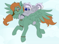 Size: 2048x1536 | Tagged: safe, artist:pastel-charms, oc, oc only, oc:mellow vibes, oc:ophelia moon, pegasus, pony, eyeshadow, female, flying, makeup, male, mare, offspring, parent:double diamond, parent:night glider, parent:tree hugger, parent:zephyr breeze, parents:nightdiamond, parents:zephyrhugger, stallion