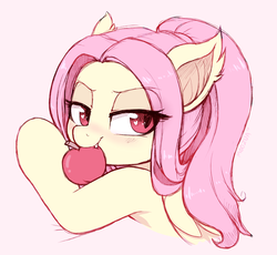 Size: 2651x2438 | Tagged: safe, artist:moozua, fluttershy, bat pony, pony, g4, alternate hairstyle, apple, bat ponified, bedroom eyes, cute, eye clipping through hair, fangs, female, flutterbat, food, heart eyes, high res, human shoulders, mare, mouth hold, race swap, shyabates, shyabetes, solo, wingding eyes
