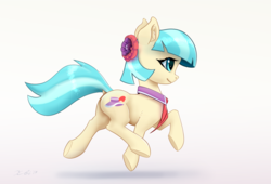 Size: 5251x3569 | Tagged: safe, artist:xbi, coco pommel, earth pony, pony, g4, absurd resolution, clothes, cocobetes, cute, dock, female, flower, flower in hair, full body, gradient background, mare, necktie, running, side view, solo