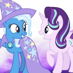 Size: 1280x1280 | Tagged: artist needed, safe, artist:mlpsfim, starlight glimmer, trixie, pony, unicorn, g4, best friends, cape, clothes, female, hat, looking at each other, reformed starlight, smiling, smiling at each other, trixie's cape, trixie's hat