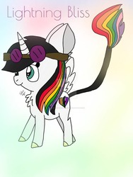 Size: 1024x1365 | Tagged: safe, artist:stardustshimmer24, oc, oc only, oc:lightning bliss, alicorn, pony, abstract background, alicorn oc, goggles, rainbow alicorn, rainbow hair, solo