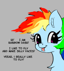 Size: 3743x4157 | Tagged: safe, artist:xbi, derpibooru exclusive, rainbow dash, pegasus, pony, g4, bust, chest fluff, cute, dashabetes, dialogue, ear fluff, female, gray background, mare, portrait, simple background, solo, tongue out