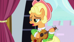 Size: 1920x1080 | Tagged: safe, screencap, applejack, earth pony, pony, g4, sparkle's seven, alternate hairstyle, apple chord, clothes, female, guitar, lidded eyes, mare, musical instrument, solo