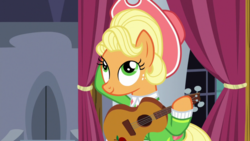 Size: 1920x1080 | Tagged: safe, screencap, applejack, earth pony, pony, g4, sparkle's seven, apple chord, female, freckles, guitar, mare, smiling, solo