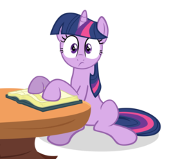 Size: 3500x3200 | Tagged: safe, artist:mrlolcats17, twilight sparkle, pony, unicorn, a friend in deed, g4, book, female, high res, hooves, horn, looking at you, mare, simple background, sitting, solo, table, transparent background, unicorn twilight, vector