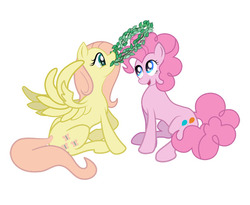 Size: 609x500 | Tagged: safe, artist:ultraspacemobile, fluttershy, pinkie pie, pony, g4, crown, cute, jewelry, laurel wreath, mouth hold, regalia, simple background, white background