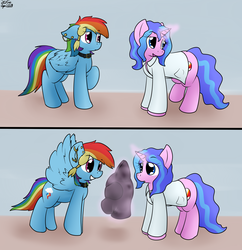 Size: 2451x2530 | Tagged: safe, artist:the-furry-railfan, rainbow dash, oc, oc:krd, oc:pressure limit, pegasus, pony, unicorn, g4, clothes, collar, ear piercing, earring, excited, grin, high res, hood, jewelry, lab coat, magic, piercing, rubber, sensory deprivation, smiling, spread wings, telekinesis, wingboner, wings