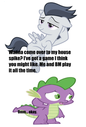 Size: 750x1097 | Tagged: safe, artist:sollace, editor:undeadponysoldier, rumble, spike, dragon, pegasus, pony, g4, bedroom eyes, caption, colt, confused, draw me like one of your french girls, foal, gay, image macro, implied button mash, interspecies, lying, male, ship:rumblespike, shipping, show accurate, simple background, stupid sexy rumble, text, white background