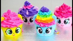 Size: 1280x720 | Tagged: safe, fluttershy, pinkie pie, rainbow dash, twilight sparkle, g4, cupcake, food, irl, photo, rainbow cupcake