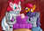 Size: 1648x1153 | Tagged: safe, artist:parassaux, maud pie, pinkie pie, scootaloo, oc, oc:turing test, earth pony, pegasus, pony, fanfic:the iron horse: everything's better with robots, g4, abstract background, bust, fanfic art, smiling, table