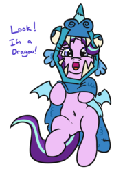 Size: 635x872 | Tagged: safe, artist:jargon scott, starlight glimmer, pony, unicorn, :d, balancing, belly button, bipedal, board game, clothes, costume, cute, dialogue, dragon costume, dragon pit, fake wings, female, glimmerbetes, happy, looking at you, mare, open mouth, raised leg, reformed starlight, simple background, smiling, solo, text, white background