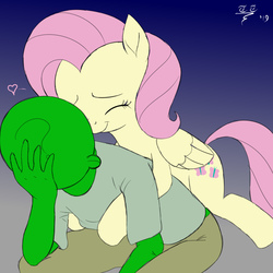 Size: 2000x2000 | Tagged: safe, artist:tomtornados, fluttershy, oc, oc:anon, pegasus, pony, g4, colored, cuddling, cute, depressed, facepalm, flat colors, heart, high res, hug, sad, shyabetes, sitting