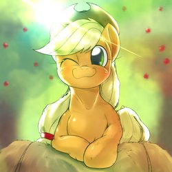 Size: 2500x2500 | Tagged: safe, artist:kurogewapony, applejack, earth pony, pony, g4, cute, female, high res, jackabetes, mare, one eye closed, smiling, solo, wink