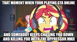 Size: 888x488 | Tagged: safe, edit, edited screencap, screencap, fluttershy, sunset shimmer, equestria girls, g4, game stream, my little pony equestria girls: better together, caption, gamer sunset, grand theft auto, gta online, gta v, image macro, meme, rageset shimmer, sunset shimmer frustrated at game, sunset's apartment, text, video game