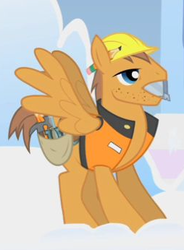 Size: 254x346 | Tagged: safe, screencap, rivet, pegasus, pony, g4, sonic rainboom (episode), animation error, clothes, cropped, hard hat, male, pencil behind ear, safety vest, solo, stallion, vest, wings