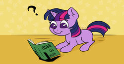 Size: 1280x665 | Tagged: safe, artist:cadetredshirt, twilight sparkle, pony, unicorn, g4, book, fail, female, filly, filly twilight sparkle, i never learned to read, lying down, no cutie marks yet, reading, simple background, solo, upside down, worried, younger