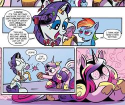 Size: 819x688 | Tagged: safe, artist:andy price, idw, official comic, princess cadance, rainbow dash, rarity, alicorn, pony, unicorn, g4, spoiler:comic, spoiler:comic77, big crown thingy, comic, female, hoof shoes, implied spike, jewelry, mare, regalia, speech bubble